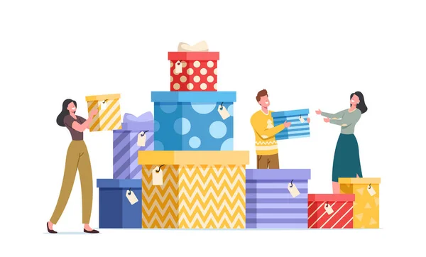 Ευτυχισμένοι άνθρωποι με κουτιά δώρων τυλιγμένα με εορταστικό τόξο. Οι αρσενικοί και οι θηλυκοί χαρακτήρες προετοιμάζουν τα δώρα για την οικογενειακή ημέρα πυγμαχίας — Διανυσματικό Αρχείο