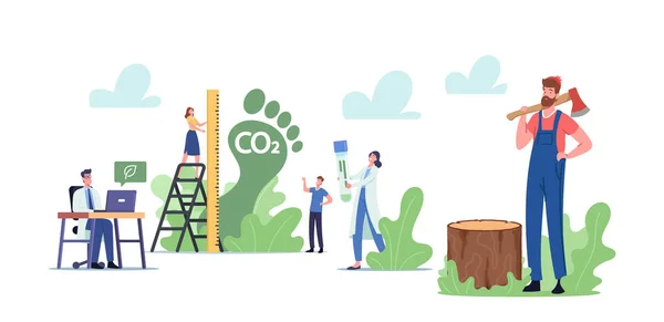 Углеродный след. Крошечные персонажи измеряют количество выбросов СО2 в воздухе. Парниковые газы диоксида, изменение климата — стоковый вектор