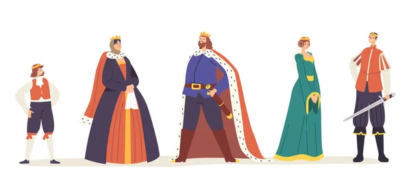 Personajes familiares medievales. Personajes Históricos Reina Real y Rey, Príncipe, Princesa y Página en Trajes Históricos — Vector de stock