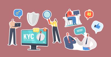 Set of Stickers Kyc, Know Your Customer Theme. Tiny Businesspeople Characters with Huge Magnifying Glass, Laptop, Shield clipart