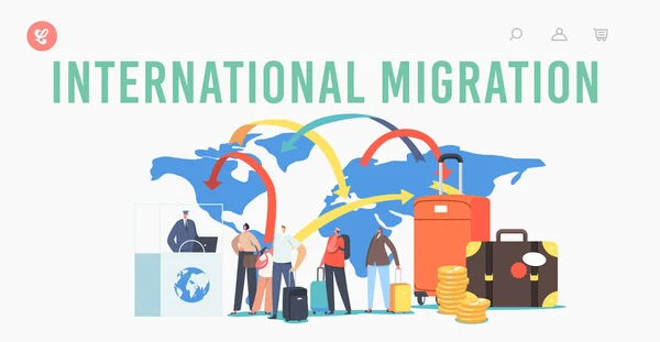 Міжнародний шаблон міграції Landing Page. Персонажі Правова світова імміграція. мандрівників і туристів роблять документ — стоковий вектор