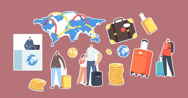 Uppsättning klistermärken Pass Control Worker, Turister med bagage, Världskarta, Resväska och guldmynt. Invandring i världen — Stock vektor