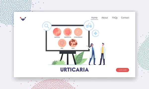 Utricaria Landing Page Template. Kleine artsen personages presenteren Infographics huidziekten Herpes Zoster, Vitiligo — Stockvector