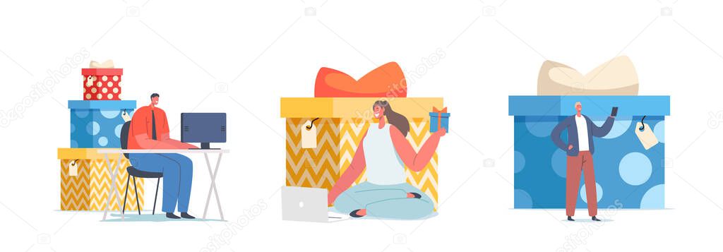 Gift for Subscription. Tiny Characters Get Presents for Subscribe Online in Internet Social Media Networks, Seller Promo vector stock vector
