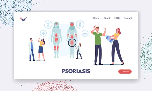 Psoriasis Landing Page Template. Tiny Doctor Character Show Áreas afectadas en el cuerpo humano. Enfermedad de la piel autoinmune — Vector de stock