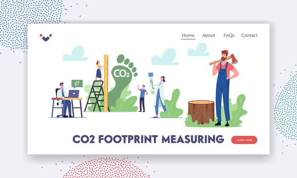 Co2 Footprint Messung Landing Page Template. Winzige Zeichen messen die Menge an Kohlenstoffemissionen in der Luft. Treibhaus für Dioxid — Stockvektor