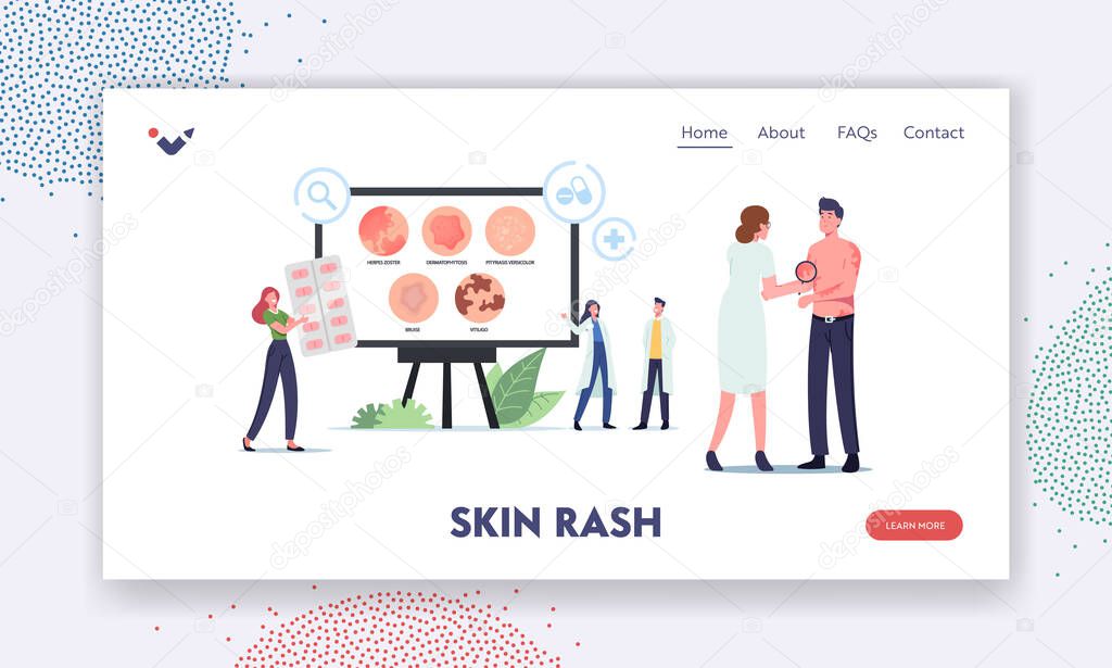 Skin Rash Landing Page Template. Tiny Doctors Characters Presenting Infographics Diseases Herpes Zoster, Dermatophytosis