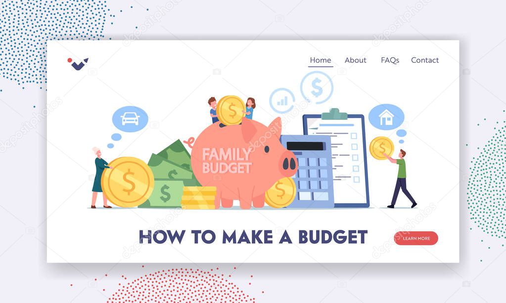 Family Collect Money for Budget Savings Landing Page Template. Mother, Father and Little Children at Huge Piggy Bank