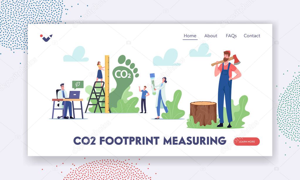 Co2 Footprint Measuring Landing Page Template. Tiny Characters Measure Carbon Emission Amount in Air. Dioxide Greenhouse