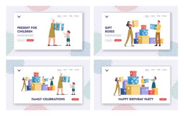 Aile Kutlama İniş Sayfa Şablonu Ayarları. İnsanlar Bayram Hediyeleri Veriyor. Büyükanne, Doğum gününde Çocuğa Hediye Sunar
