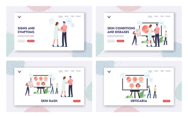 Skin Rash Landing Page Template Set (en inglés). Médicos pequeños que presentan infografías Enfermedades Herpes Zoster, Pitiriasis Versicolor — Archivo Imágenes Vectoriales