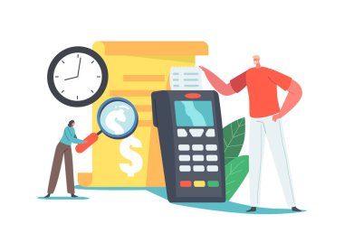 Online Payment Transaction, Pay History Concept. Man Buyer Character take Bill at Huge Pos Terminal in Supermarket