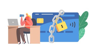 Tiny Female Character at Huge Blocked Credit Card with Lock. Payment Block during Online Shopping Process, Bank Ban