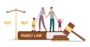 Child Custody, Alimony Concept. Tiny Parents and Children Characters in Judge Courthouse Huge Gavel, Scales, Family Law