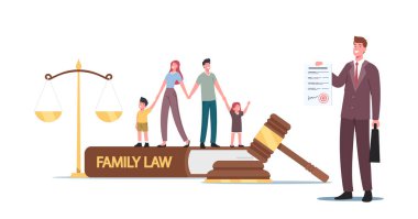 Tiny Characters Husband, Wife and Kid at Huge Gavel, Scales and Family Law Book in Judge Courthouse During Court Hearing