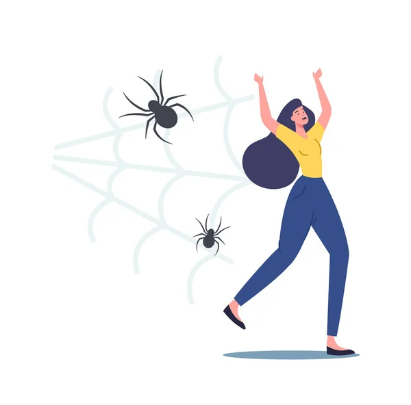 Scared Yelling Woman Run Away from Creepy Spider Being Afraid of Insect. Female Character Suffering from Arachnophobia — 스톡 벡터