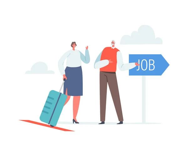 Businesswoman with Suitcase Research Job Opportunity in Foreign Country. Woman Leaving Motherland for Employment — Vector de stock