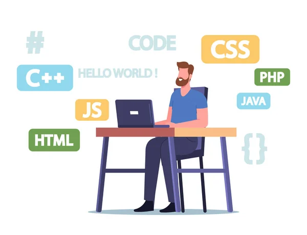 Programmer Character Work on Laptop Developing Programming Languages, Websites or Software. Coding Online Studying — Archivo Imágenes Vectoriales