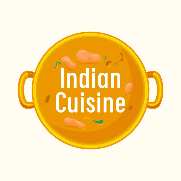 Indian Cuisine Label Soup in Cooking Pan Top View. Oriental Restaurant Icon or Emblem on White Background. Food of India — Stockvector