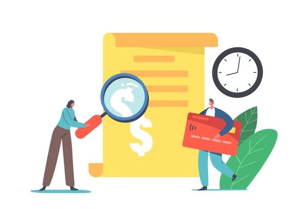 Tiny Characters at Huge Transaction History Payment Recipe. Man Buyer Holding Credit Card for Online Payment, Shopping — Archivo Imágenes Vectoriales