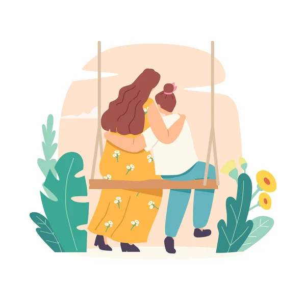 Mothers Day Concept. Loving Mother and Daughter Hugging Rear View. Mom and Girl Embrace Sitting on Swing. Mommy and Girl — Archivo Imágenes Vectoriales