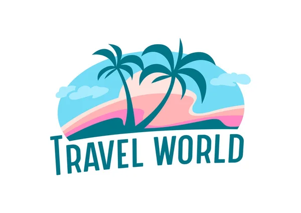 Travel World Icon or Label with Palm Trees, Clouds and Island for Traveling Agency Service or Mobile Phone Application — стоковый вектор