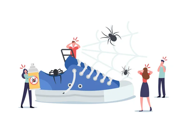 Tiny Characters around Huge Sneaker, Frightened People Afraid of Spiders, Suffer of Arachnophobia Psychological Problem — Stok Vektör