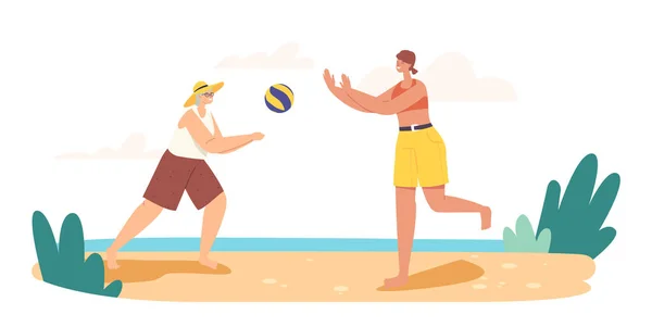 Grandmother and Granddaughter Playing Beach Volleyball on Seaside. Happy Family Summer Vacation Leisure, Sparetime — стоковий вектор