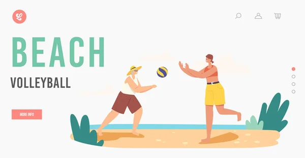 Grandmother and Granddaughter Playing Beach Volleyball Landing Page Template. Happy Family Summer Vacation Leisure — Archivo Imágenes Vectoriales