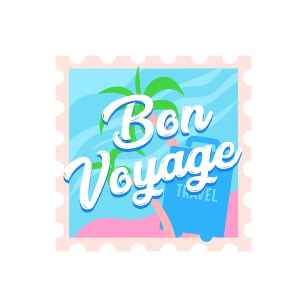 Bon Voyage Travel Icon with Palm Trees and Suitcase on Postal Stamp. Label or Emblem for Traveling Agency Service — 스톡 벡터