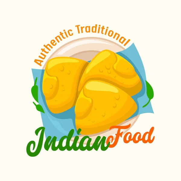 Indian Food, Authentic Tradition Label with Traditional Patties on Plate. Oriental Restaurant Cuisine Isolated Emblem — Stok Vektör