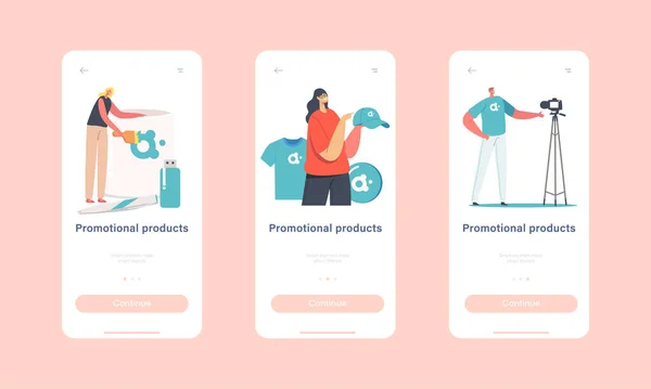 Promotional Products Mobile App Page Onboard Screen Template. Tiny Characters with Huge Brand Identity Items with Logo — Wektor stockowy