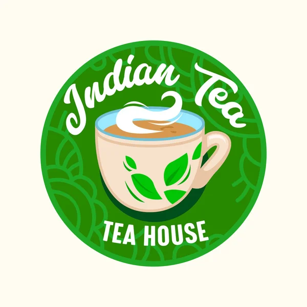 Indian Tea Icon, Emblem with Steaming Cup and Green Leaves in Round Label Isolated on White Background. India Tea House — Vettoriale Stock