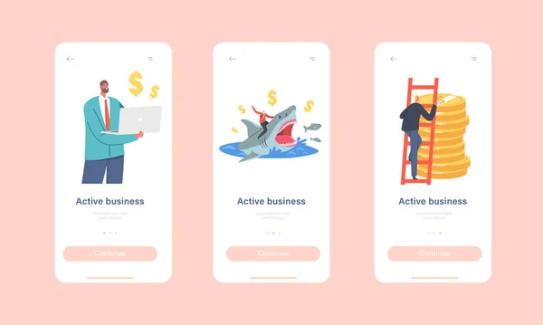 Active Business Mobile App Page Onboard Screen Template Set. Tiny Businessman Character Riding Dangerous Shark — Stockvektor
