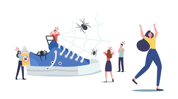 Tiny Frightened Young Characters Afraid of Huge Spiders. Men and Women Suffer of Arachnophobia Mental Disease, Panic — Stok Vektör