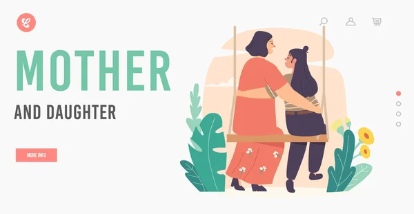 Mother and Daughter Characters Landing Page Template. Mom and Girl Embrace Sitting on Swing. Mothers Day. Loving Mom — Stockový vektor