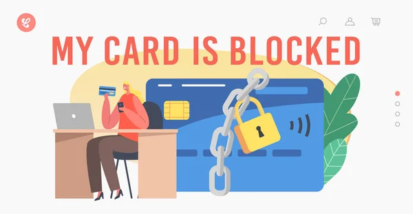 Payment Block during Online Shopping Landing Page Template. Tiny Female Character at Huge Blocked Credit Card with Lock — ストックベクタ