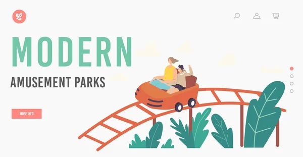 Modern Amusement Park Landing Page Template. Mother and Son Characters Riding Roller Coaster, Family Extreme Recreation — Stockový vektor