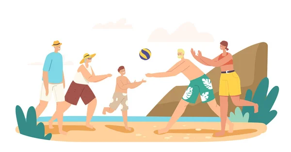 Grandparents, Parents and Child Playing Beach Volleyball on Sea Shore. Happy Characters Competition, Game and Recreation — стоковий вектор