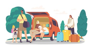 Happy Family Characters Sitting at Car Trunk with Dog Ready for Travel. Mother, Father and Excited Children with Pet
