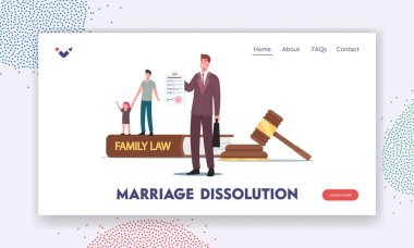 Marriage Dissolution Landing Page Template. Tiny Father Character with Daughter and Attorney at Huge Gavel, Family Law