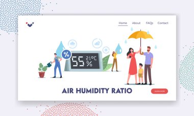 Air Humidity Ratio Landing Page Template. Tiny Characters at Huge Hygrometer. Mother, Father and Child under Umbrella