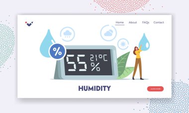 Air Humidity Landing Page Template. Tiny Character with Water Drop in Hands Stand at Huge Hygrometer Show Microclimat clipart