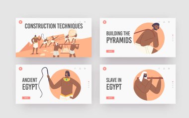 Pyramids Construction Landing Page Template Set. Slave Characters Building Egyptian Monuments in Giza. Master with Whip