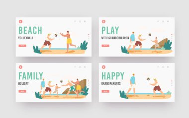 Family Holiday Landing Page Template Set. Grandparents, Parents and Child Play Beach Volleyball. Happy Characters Game