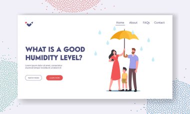 What is Good Humidity Level Landing Page Template. Parents with Child Holding Umbrella Walking in Rainy Weather