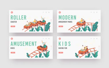 Characters Riding Roller Coaster in Amusement Park Landing Page Template Set. Men, Women and Kids at Rollercoaster