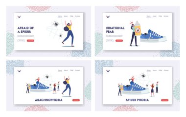Arachnophobia Landing Page Template Set. Tiny Frightened Characters Afraid of Huge Spiders. Mental Problem, Insects Fear