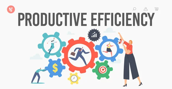 Productive Efficiency Landing Page Template. Teamwork Productivity, Characters Moving Huge Gear Cogwheel Mechanism — Vettoriale Stock