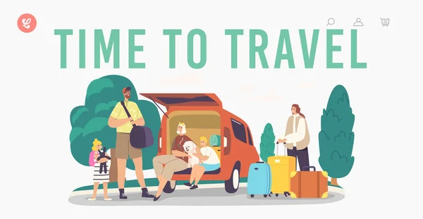 Time to Travel Landing Page Template. Happy Family Characters Sitting at Car Trunk with Dog. Mother, Father and Children — Stok Vektör